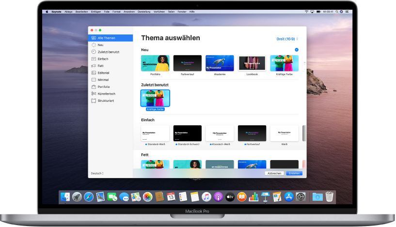 Ein MacBook Pro, bei dem die Keynote-Themenauswahl auf dem Bildschirm geöffnet ist. Die Kategorie „Alle Themen“ ist links ausgewählt und die vordefinierten Themen erscheinen rechts in Zeilen nach Kategorie sortiert. Das Einblendmenü „Sprache und Region“ ist links unten in der Ecke und das Menü für Standard- und Querformat befindet sich rechts oben in der Ecke.