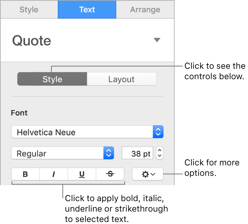 The Style controls in the sidebar with callouts to the Bold, Italic, Underline and Strikethrough buttons.