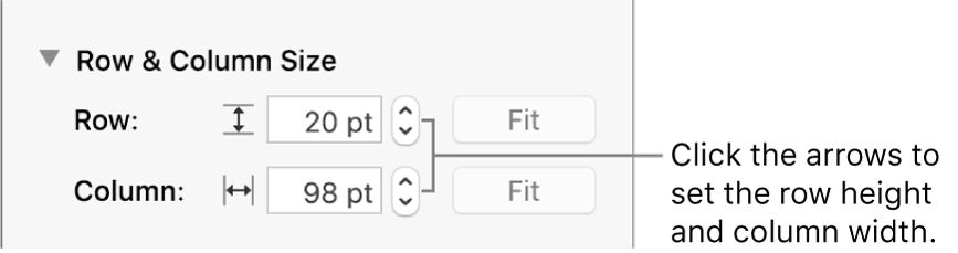 The controls for setting a precise row or column size.