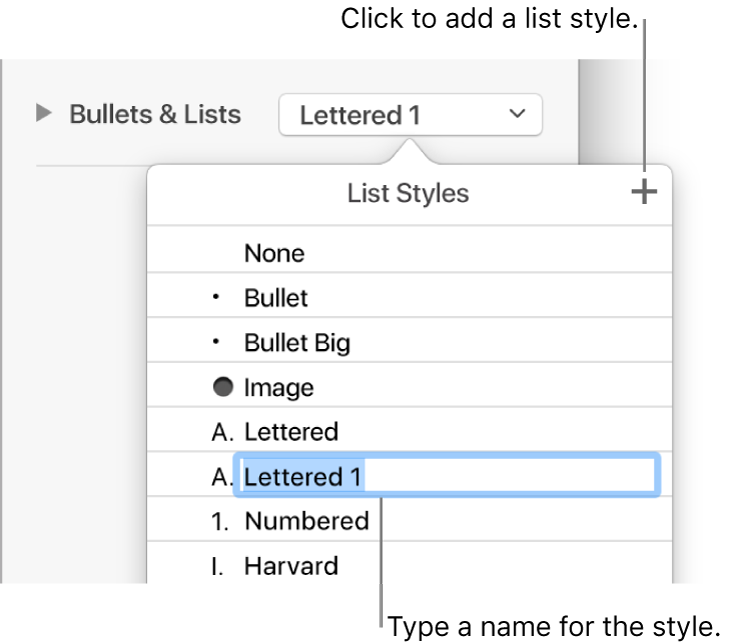 The List Styles pop-up menu with an Add button in the top-right corner and a placeholder style name with its text selected.