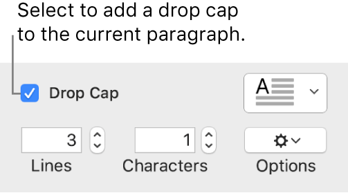 The Drop Cap tickbox is selected, and a pop-up menu appears to its right; controls for setting the line height, number of characters and other options appear below it.