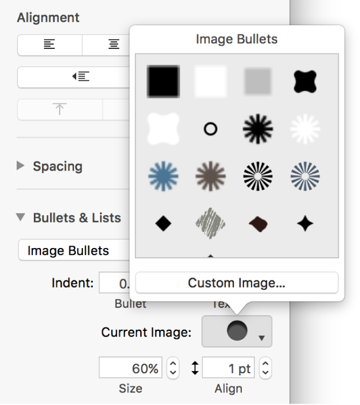 The Image Bullets pop-up menu.
