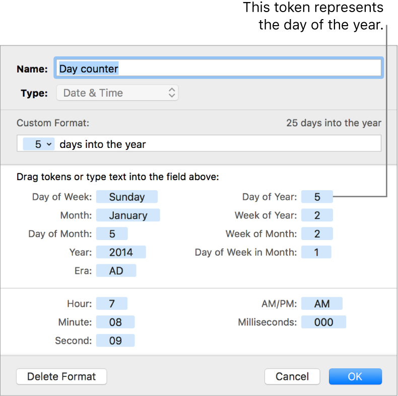 The custom cell format window with controls for creating a custom date and time format.