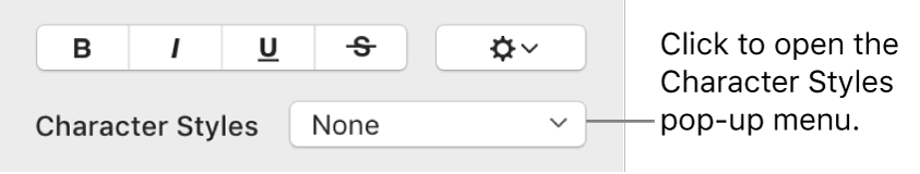The Character Styles pop-up menu below controls for changing the text style and color.