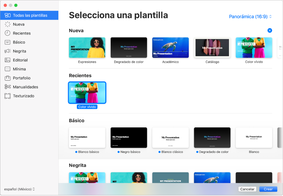 El selector de plantilla. A la izquierda aparece una barra lateral que muestra categorías de plantilla en las que puedes hacer clic para filtrar las opciones. A la derecha se encuentran miniaturas de plantillas prediseñadas organizadas por categoría. En la esquina superior derecha se encuentra el botón del tamaño de la plantilla, el cual permite establecer el formato estándar o ancho. El menú desplegable “Idioma y región” se encuentra en la esquina inferior izquierda, y los botones Cancelar y Crear se encuentran en la esquina inferior derecha.