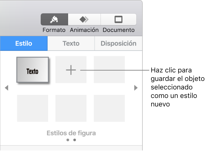 La pestaña Estilo de la barra lateral Formato con un estilo de caja de texto, el botón "Crear estilo" a la derecha y cuatro marcadores de posición de estilo vacíos.