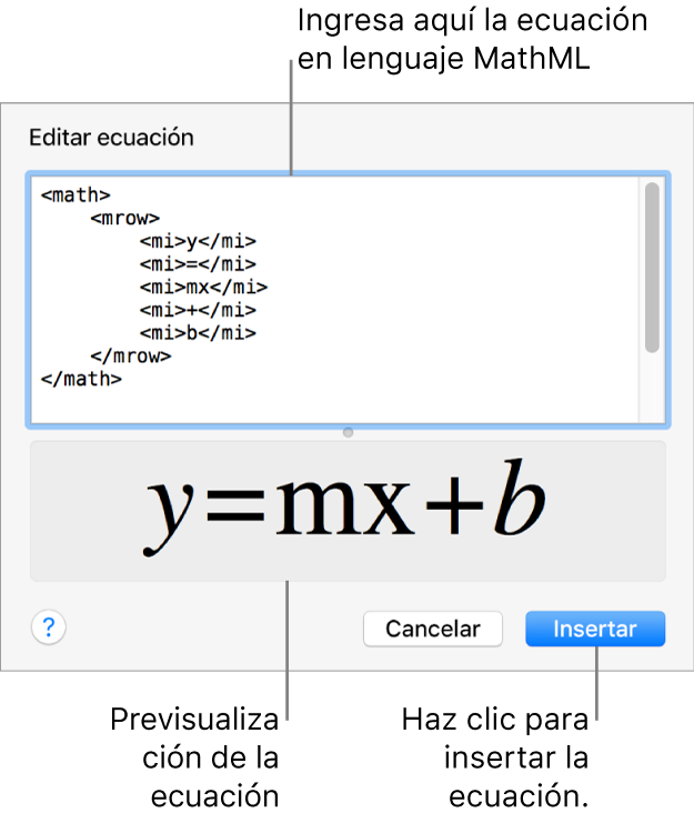 La ecuación de la pendiente de una recta en el campo "Editar ecuación" y la previsualización de la fórmula a continuación.