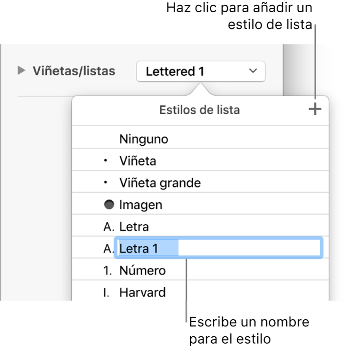 El menú desplegable “Estilos de lista” con el botón Añadir en la esquina superior derecha y un marcador de posición de nombre de estilo con su texto seleccionado.