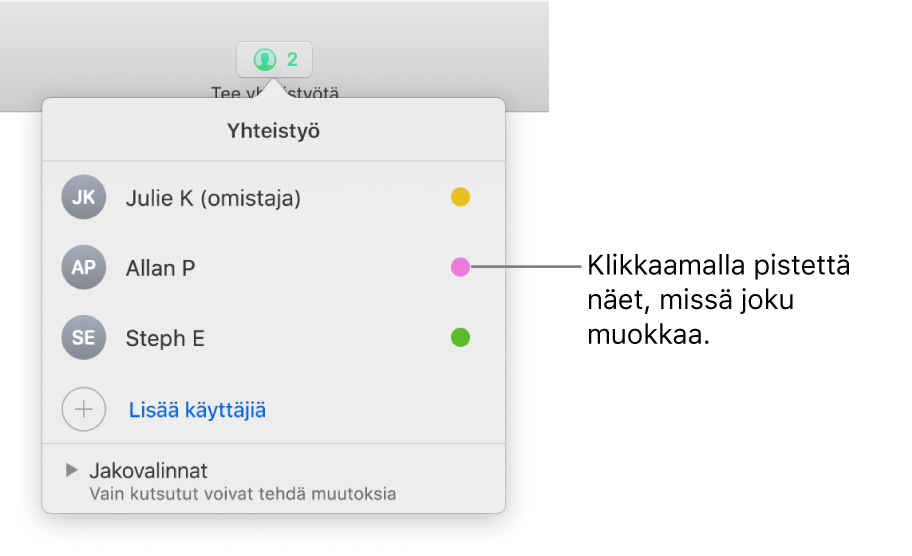 Osallistujaluettelo, jossa on kolme osallistujaa ja jokaisen nimen oikealla puolella erivärinen piste.