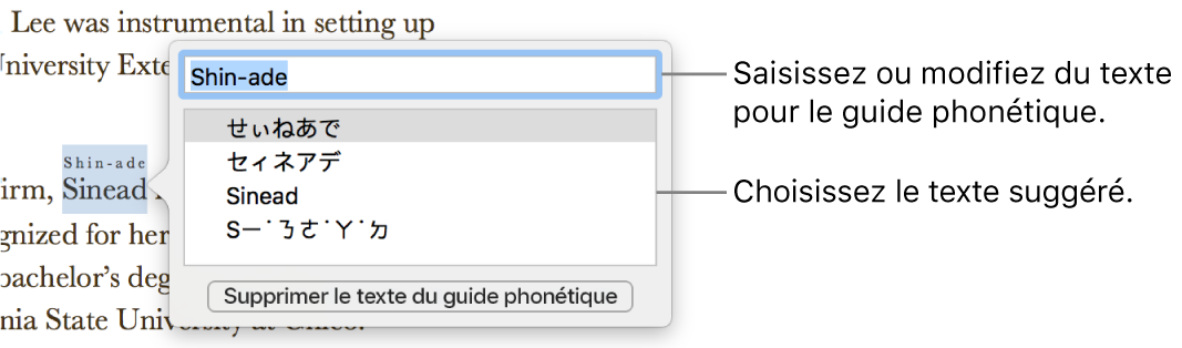 Le guide phonétique ouvert pour un mot, accompagné de légendes traitant du champ de texte et du texte suggéré.