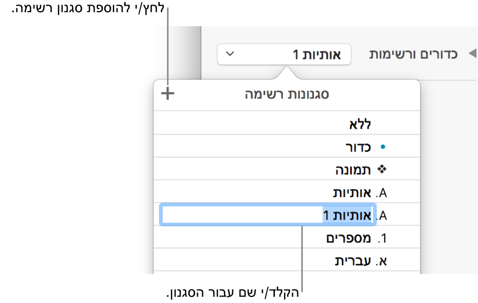 התפריט הקופצני ״סגנונות רשימה״ עם כפתור ״הוסף״ בפינה הימנית העליונה ושם של סגנון מציין מיקום כאשר המלל שלו נבחר.