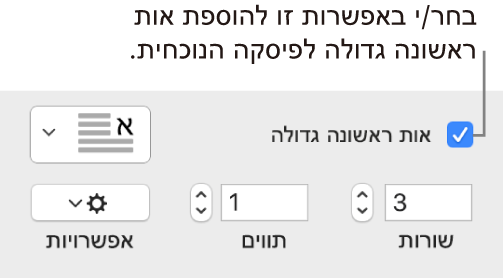 תיבת הסימון ״אות פתיח״ נבחרת, ותפריט קופצני מופיע משמאל; מתחת לתפריט, מופיעים כלי בקרה להגדרת גובה השורה, מספר התווים ואפשרויות נוספות.