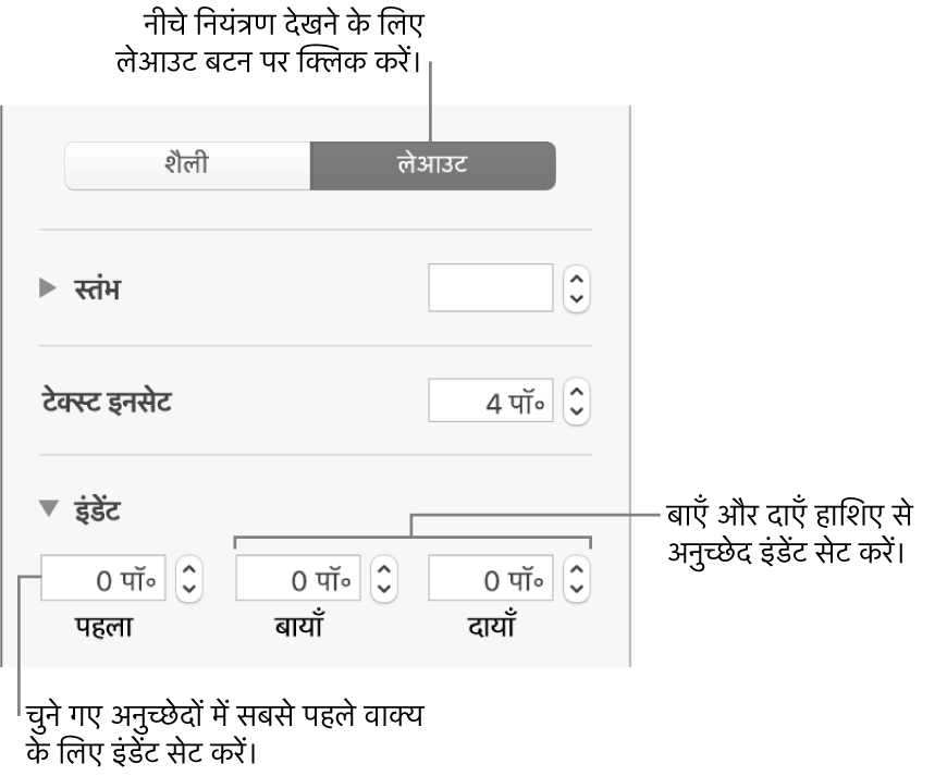 पहली पंक्ति इंडेंट और अनुच्छेद हाशिए सेट करने के लिए नियंत्रण दिखाता “फ़ॉर्मैट करें” साइडबार का “लेआउट” सेक्शन।