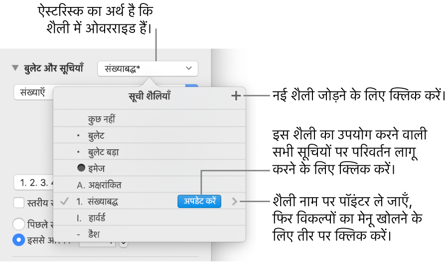 शैलियाँ प्रबंधित करने के लिए “नई शैली” बटन के लिए ओवरराइड तथा कॉलआउट इंगित करने वाला ऐस्टरिस्क दिखाता “सूची शैलियाँ” पॉपअप मेनू।