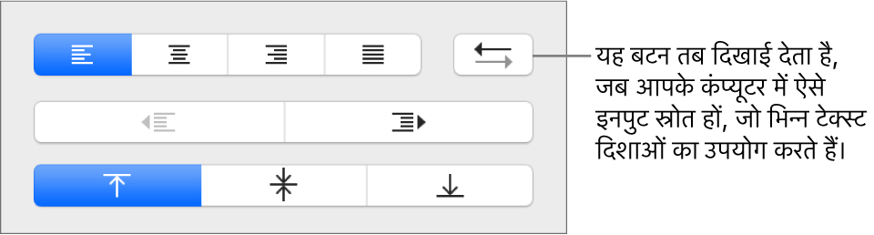 टेक्स्ट संरेखण नियंत्रणों में दो दिशाओं वाला टेक्स्ट बटन।
