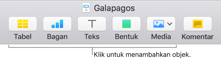 Bar alat Keynote menampilkan tombol yang digunakan untuk menambahkan objek ke slide.