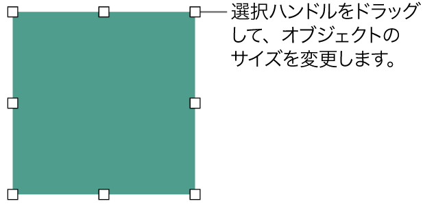 オブジェクトのサイズを変更するための白い正方形が枠線に表示されているオブジェクト。