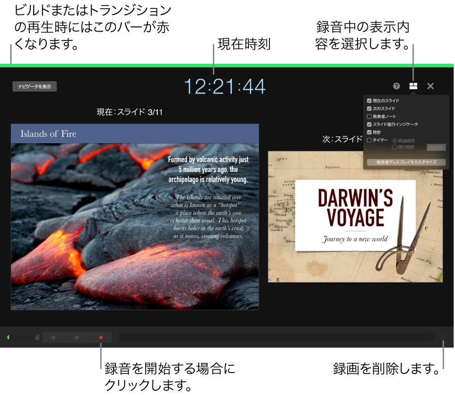 発表者ディスプレイの音声録音モードのスクリーンショット。現在のスライドと次のスライド、現在時刻、発表者ディスプレイのコントロールが表示されます。録音を開始/終了するコントロールと録音を削除するコントロールは、ディスプレイ下部近くに表示されます。