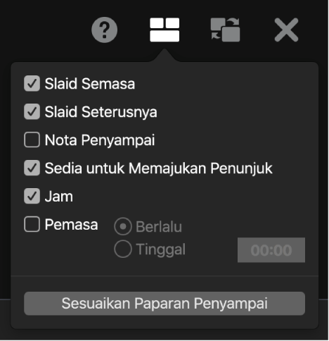 Pilihan paparan pembentang, termasuk Slaid Semasa, Slaid Seterusnya, Nota Pembentang, Penunjuk Sedia untuk Maju, Jam dan Pemasa. Pemasa mempunyai pilihan tambahan untuk menunjukkan sama ada masa yang berlalu atau masa yang tinggal.