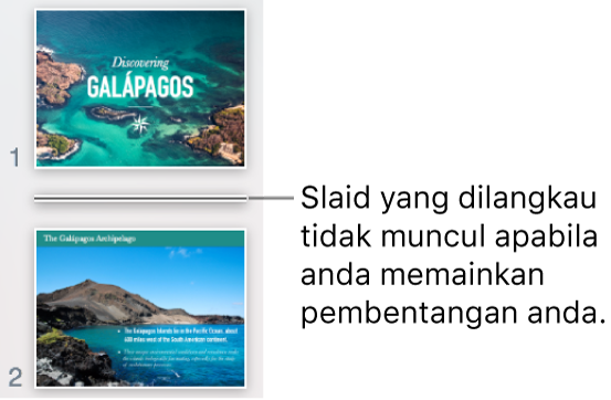 Penavigasi slaid dengan slaid dilangkau ditunjukkan sebagai garis mendatar.