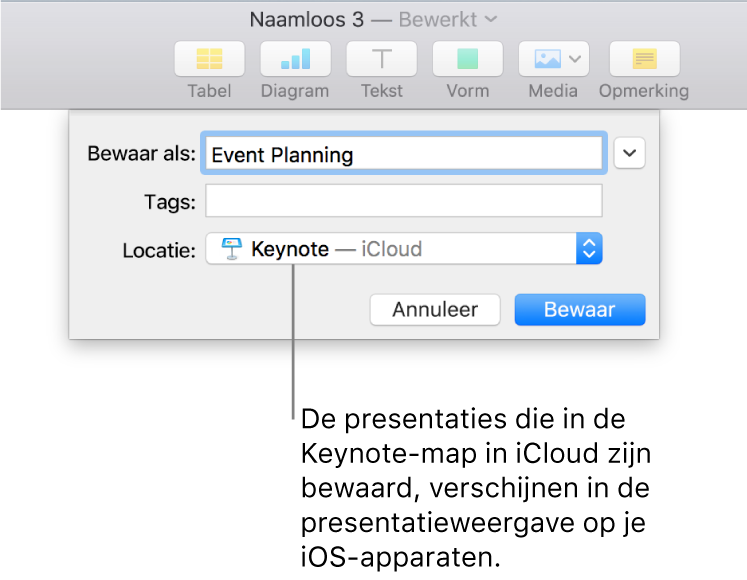 Het dialoogvenster 'Bewaar' voor een presentatie, met de optie 'Keynote - iCloud' in het venstermenu 'Locatie'.