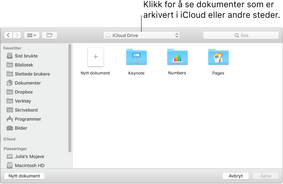 Åpne-dialogruten med sidepanelet åpent på venstre side og iCloud Drive valgt i lokalmenyen øverst. Mapper for Keynote, Numbers og Pages vises i dialogruten sammen med en Nytt dokument-knapp.