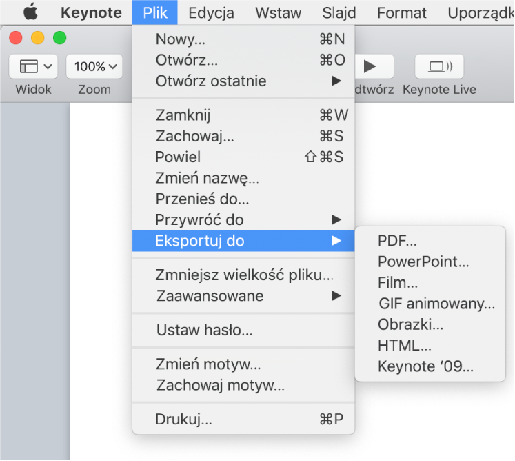 Otwarte menu Plik z wybranym podmenu Eksportuj do. Dostępne opcje podmenu to: PDF, PowerPoint, Film, HTML, Obrazki oraz Keynote '09.