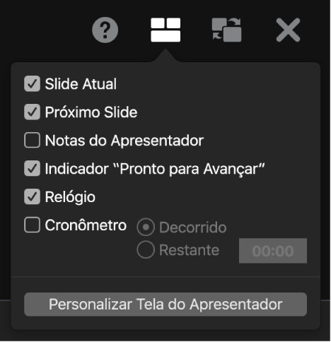 As opções de tela do apresentador, entre elas: Slide Atual, Slide Seguinte, Notas do Apresentador, Indicador Pronto para Avançar, Relógio e Timer. O timer tem opções adicionais para mostrar o tempo decorrido ou o tempo restante.