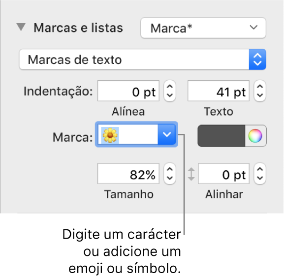 A secção “Marcas e listas” da barra lateral Formatação. O campo Marca a mostrar um emoji de uma flor.