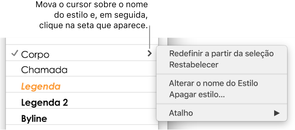 O menu “Estilos de parágrafo” com o menu de atalhos aberto.