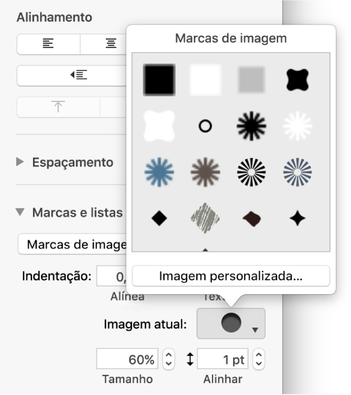 Menu pop-up “Marcas de imagem”.