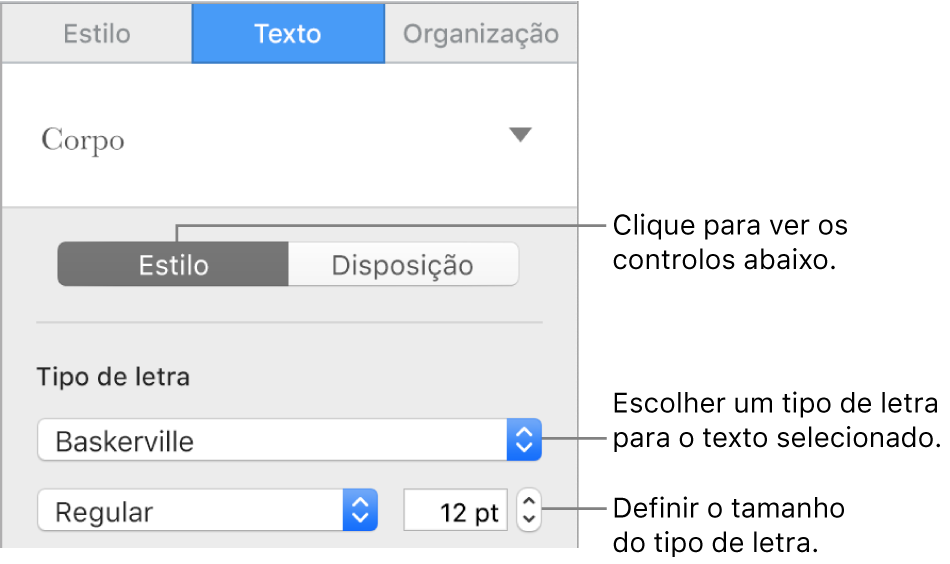 Controlos de texto na secção Estilo da barra lateral para definir tipo de letra e tamanho de tipo de letra.