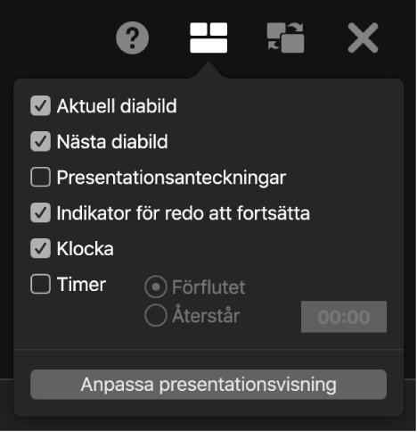 Alternativen för presentatörsskärmen, som den aktuella diabilden, nästa diabild, presentationsanteckningarna, indikatorn för redo att fortsätta, klockan och timern. Timern kan ställas in så att den antingen visar förfluten tid eller återstående tid.