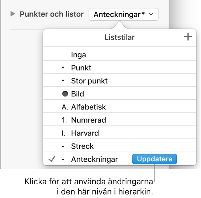 Popupmenyn Liststilar med knappen Uppdatera bredvid namnet på den nya stilen.