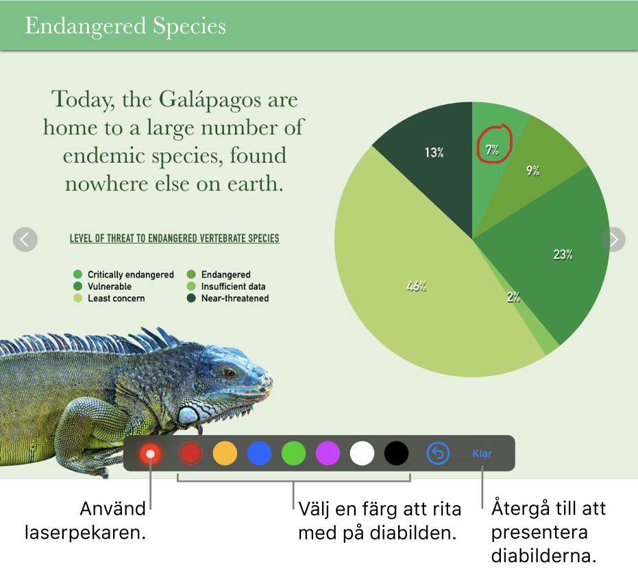 En diabild i illustrationsläge för diabilder, med laserpekaren och färgmarkeringsreglage.