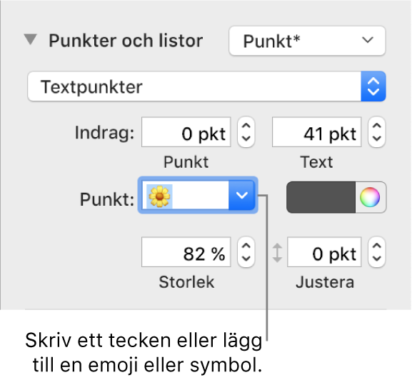 Avsnittet Punkter och listor i formatsidofältet. Fältet Punkt visar en blomemoji.