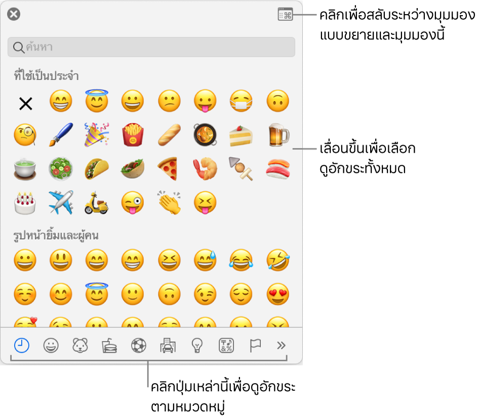 หน้าต่างอักขระพิเศษที่แสดงขึ้นที่แสดงไอคอนแสดงอารมณ์ ปุ่มสำหรับสัญลักษณ์ประเภทต่างๆ และคำอธิบายปุ่มเพื่อแสดงหน้าต่างอักขระแบบเต็ม