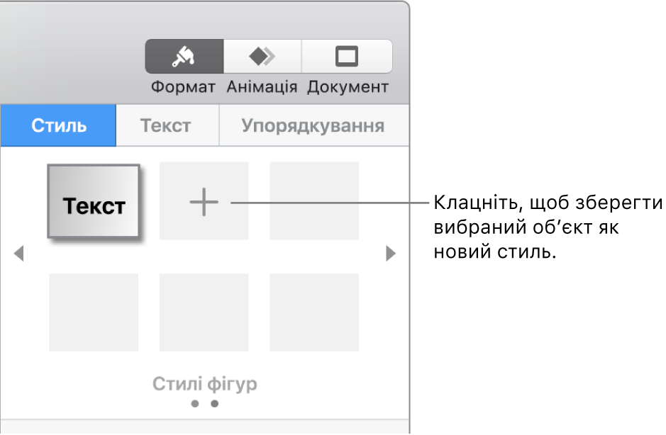 Вкладка «Стиль» на бічній панелі «Формат», один стиль текстового поля, кнопка «Створити стиль» справа, чотири пусті зразки стилю.