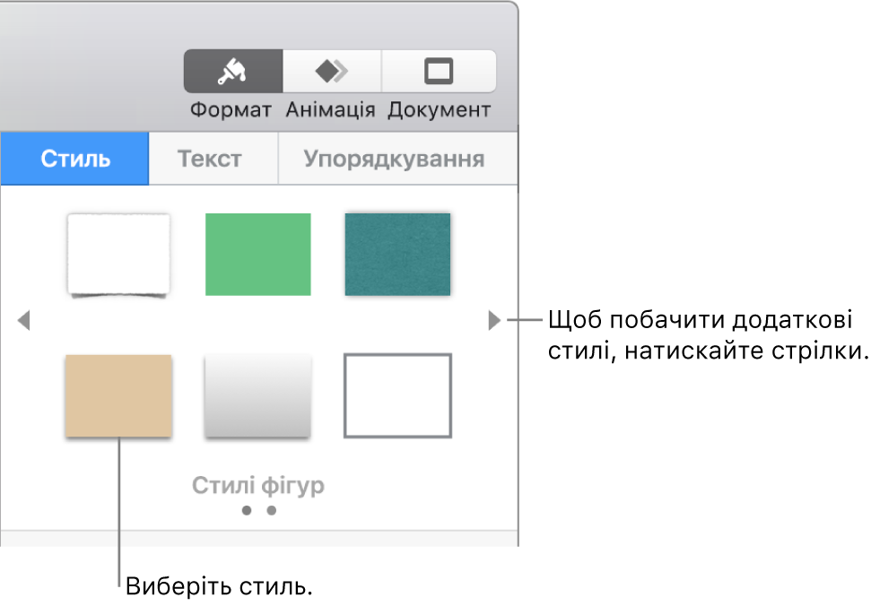 Вкладка «Стиль» на бічній панелі «Формат», шість стилів об’єктів і стрілки навігації зліва і справа.