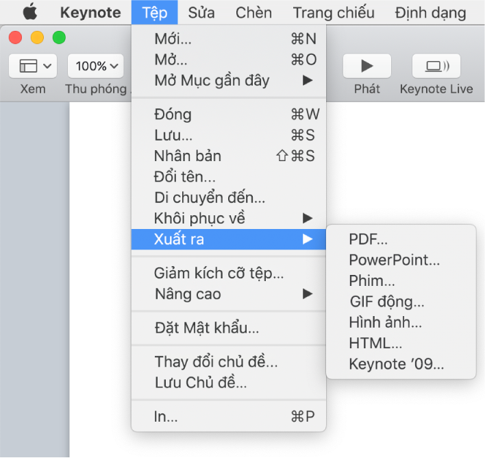 Menu Tệp mở với Xuất ra được chọn và menu con đang hiển thị các tùy chọn xuất cho PDF, PowerPoint, Phim, HTML, Hình ảnh và Keynote ’09.