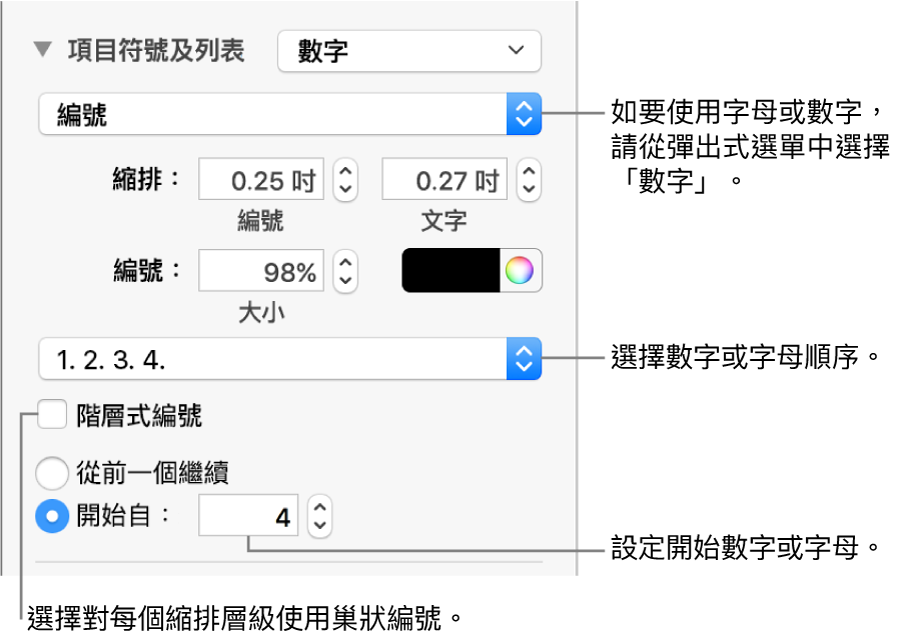 更改列表編號樣式與間距的控制項目。