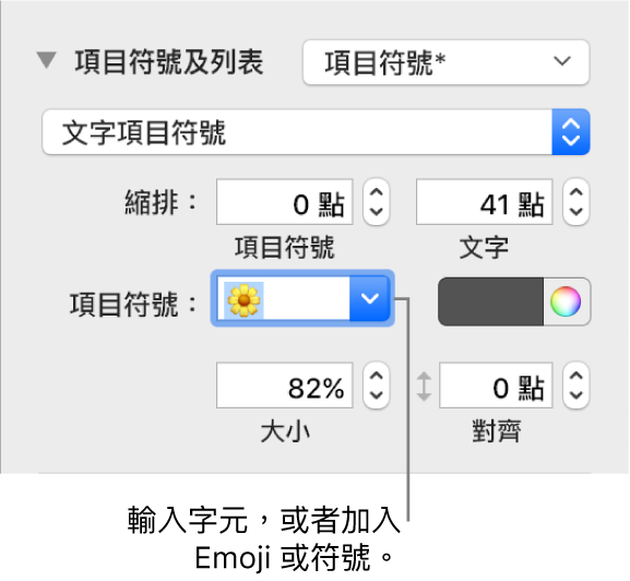 「格式」側邊欄的「項目符號及列表」區域。「項目符號」欄位顯示了花朵的表情符號。