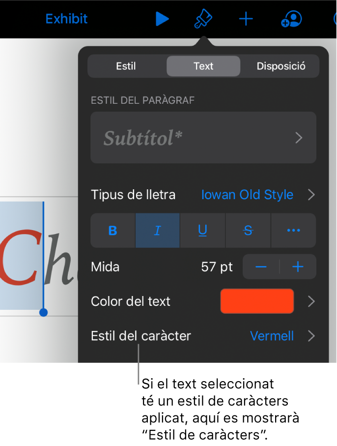Els controls de format de text amb l’estil de caràcter a sota dels controls de color. L’estil de caràcter Cap amb un asterisc.