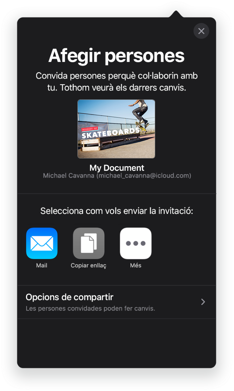 Pantalla “Afegir persones”, que mostra una imatge de la presentació que s’ha de compartir. A sota hi ha els botons amb maneres d’enviar la invitació, com ara el Mail, “Copiar l’enllaç” i Més. A la part inferior hi ha el botó “Opcions de compartir”.