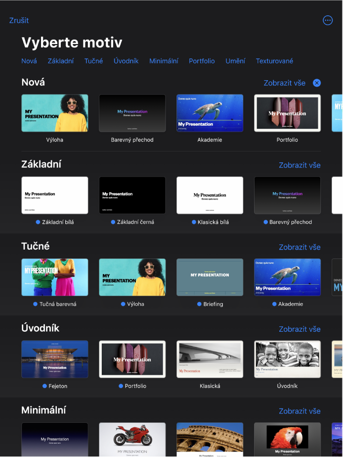 Okno pro výběr motivů s řádkem kategorií u horního okraje; klepnutím na ně můžete filtrovat možnosti pro výběr. V pravém horním rohu je vidět tlačítko Další; tam můžete nastavit Standardní nebo Široký formát a také formátování pro specifický jazyk nebo oblast. Pod tím jsou miniatury předdefinovaných motivů, uspořádané v řádcích podle kategorií. U řádku každé kategorie je vpravo nahoře zobrazeno tlačítko Zobrazit vše.