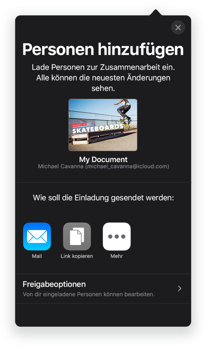 Im Bildschirm „Personen hinzufügen“ wird ein Bild der Präsentation angezeigt, die geteilt werden soll. Darunter befinden sich Tasten für die Optionen zum Senden der Einladung, inkl. Mail, „Link kopieren“ und mehr. Unten im Bildschirm ist die Taste „Freigabeoptionen“.