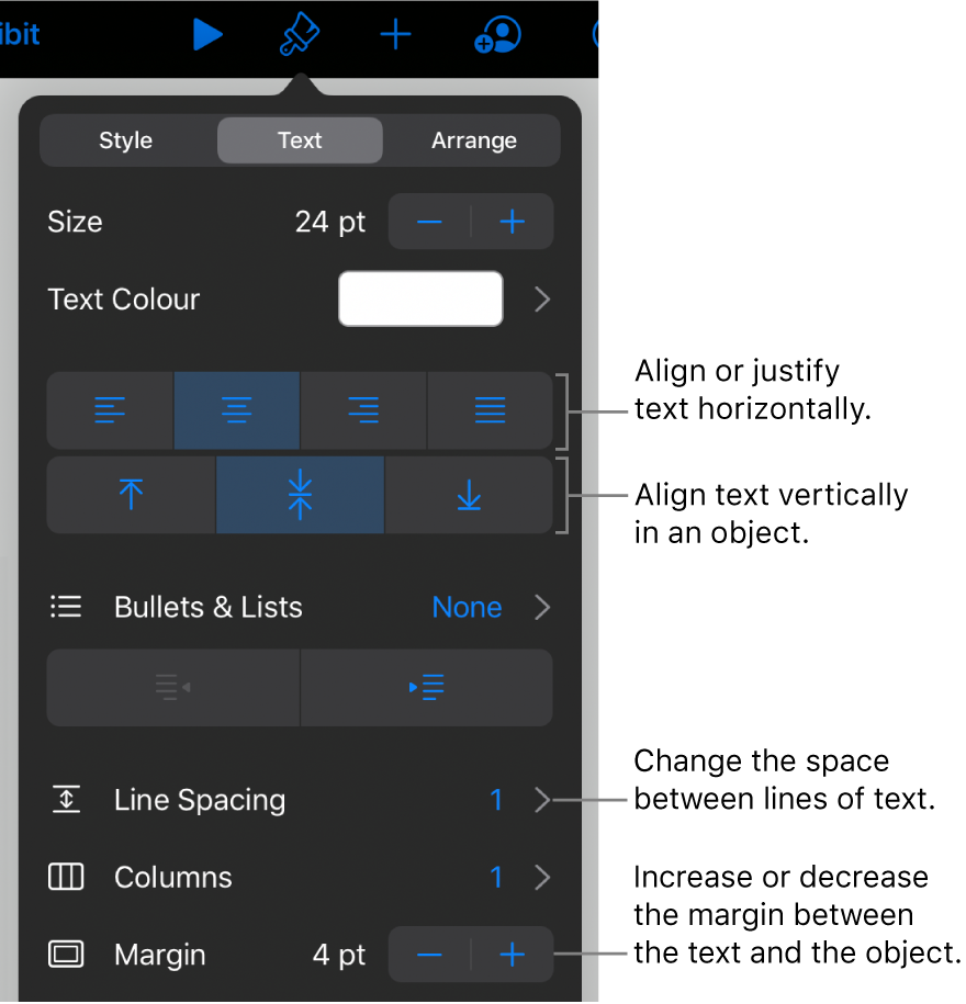 The Layout pane with call outs to the text alignment and spacing buttons.