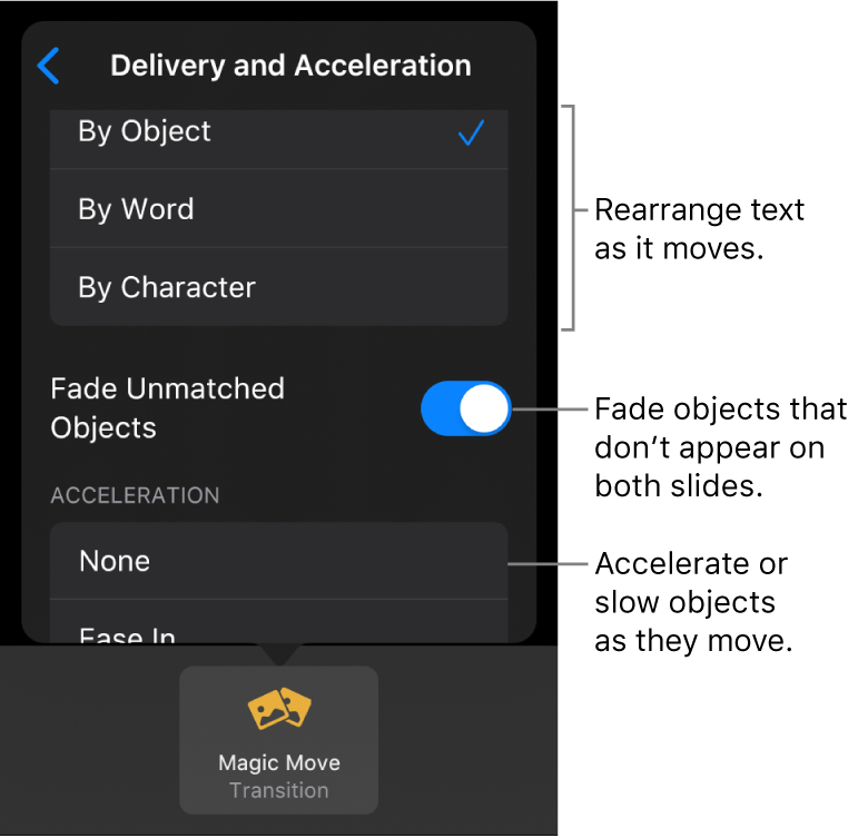 Magic Move delivery and acceleration options in the Acceleration pane.