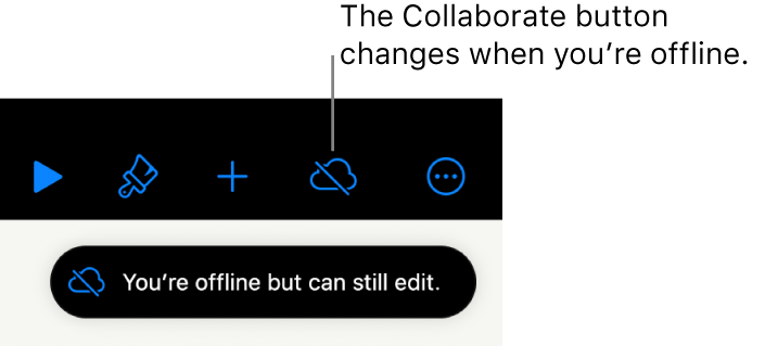 The buttons at the top of the screen, with the Collaborate button changed to a cloud with a diagonal line through it. An alert on the screen says “You’re offline but can still edit”.