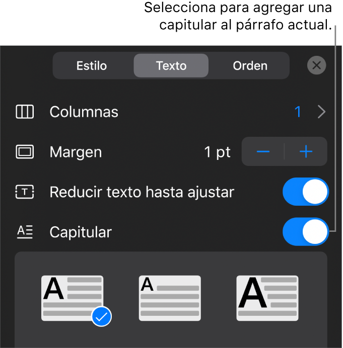 Controles “Letra capitular” ubicados al final del menú Texto.